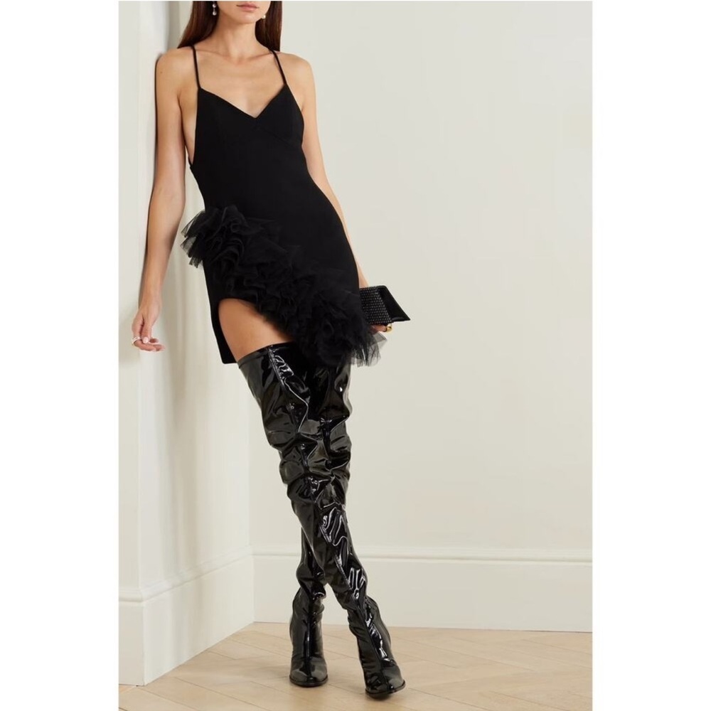 DAVID KOMA Black Tulle Ruffle Asymmetrical Hem Cami Mini Dress - Picture 3 of 10